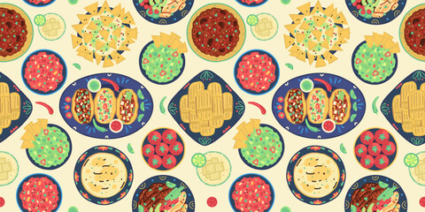 Background with traditional mexican food. Mexican cuisine. Tacos, tortilla, fajitas, nachos, tomales, guacamole, salsa, margarita, chili con carne. Design for banner, header. Vector illustration