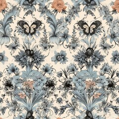 Floral and Butterflies Seamless Wallpaper in Victorian Motif (ai generated)