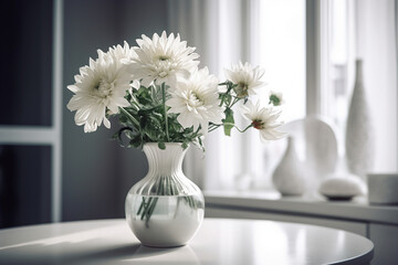 White flowers in a vase in a bright home near the window