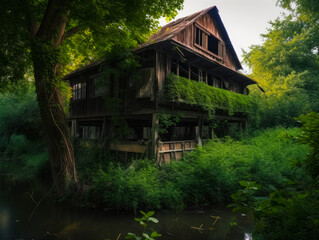 Fototapeta na wymiar Old two-storied ruined abandoned wooden house in the green wood. Little river flowing near the building. Generative AI.