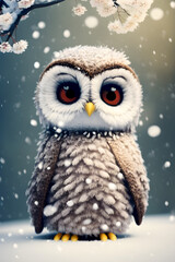 Obraz premium illustration of a cute owl with big eyes in the winter landscape in the background, it's snowing, generative ai