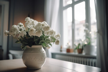 White flowers in a vase in a bright home near the window