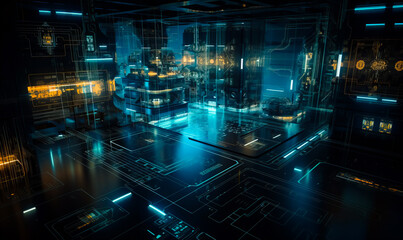 Neon lines going up and down the digital interior. Server room data center. Generative AI.