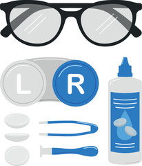 Glasses, lens liquid, tweezers, storage container, suction cup and contact lenses, vector illustration