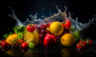 Fototapeta na wymiar Mouth-watering ripe juicy fruit and vegetables in the water splashing around. Healthy organic food concept. Black backdrop. Close up. Generative AI.