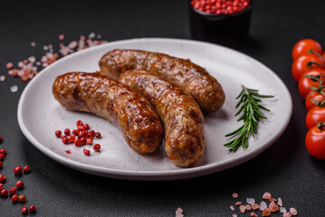 Delicious fried grilled sausages with salt, spices and herbs