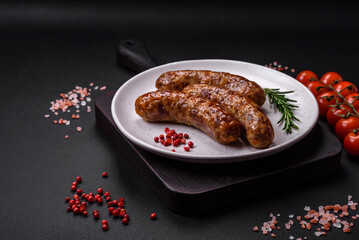 Delicious fried grilled sausages with salt, spices and herbs