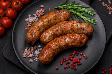Delicious fried grilled sausages with salt, spices and herbs
