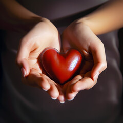 Obraz premium Female hands holding carefully a red heart. Love and care concept. Close up top view. Generative AI.