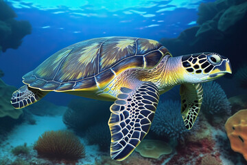 Obraz na płótnie Canvas Sea Turtle Under a Tropical Colorful Clear Sea Looking, Generative AI