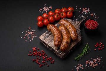 Delicious fried grilled sausages with salt, spices and herbs