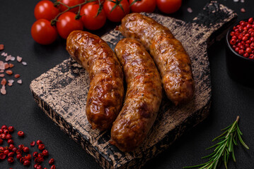 Delicious fried grilled sausages with salt, spices and herbs