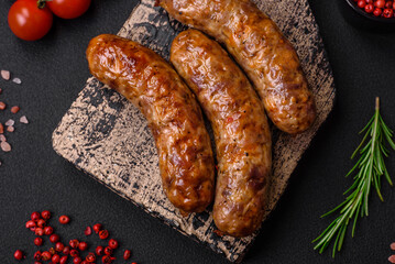 Delicious fried grilled sausages with salt, spices and herbs
