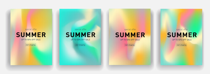 Trendy Liquid Summer Set of Yellow, Blue, Pink, Green, Orange Colors. Summer Sale in the Fashion Industry. Templates for Social Media Posts, Mobile Apps, Cards, and Banners Design. Vector Illustration