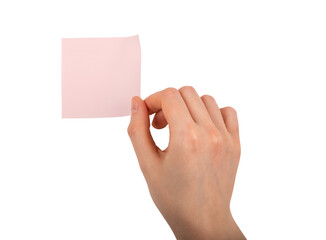 Hand holding pink sticky notes, blank memo sticker isolated on white
