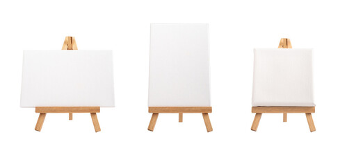 Blank canvas mockups on easel of different shape, square vertical and horizontal set, isolated on...