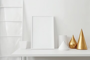 minimalist white table with three elegant gold vases as the centerpiece. Generative AI