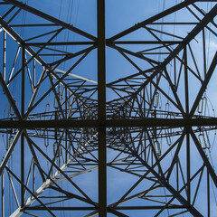 Tower of a high voltage electric line. Bottom view.