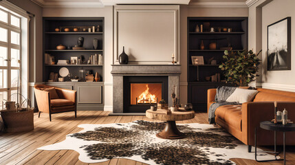 A living room with a fireplace and a cow print rug