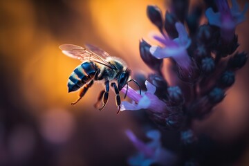 Fototapeta premium Close up of a Bee Flying to a Pink Flower, Macro Photography. Generative AI