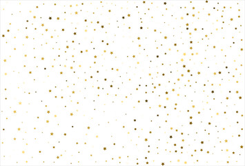 Random falling gold stars on white background. Glitter pattern for banner, greeting card, Christmas and New Year card, invitation, postcard, paper packaging