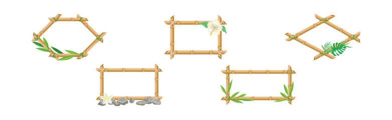 Frames of Corded Bamboo Sticks Decorated with Tropical Plant Vector Set