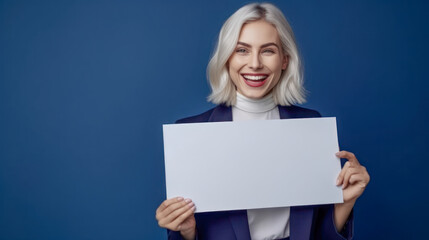 Fototapeta premium Frau zeigt Tafel Mockup Freude Verkäuferin Werbung Illustration (Generative AI) Digital Art Background Cover Hintergrund