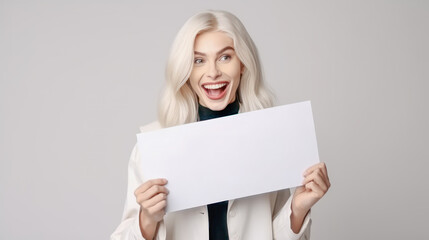 Fototapeta premium Frau zeigt Tafel Mockup Freude Verkäuferin Werbung Illustration (Generative AI) Digital Art Background Cover Hintergrund
