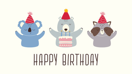 Cute koala, bear and raccoon in festive caps and with birthday cake. Vector illustration of cute animals. Birthday greeting design