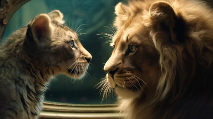 A Cat looking into the mirror next to lion - obrazy, fototapety, plakaty