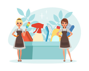 Housekeeper or Cleaning Staff with Woman in Apron Holding Duster Vector Illustration