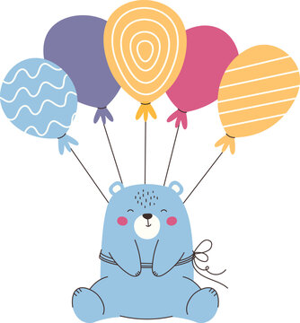 Cute blue bear with different balloons. Vector illustration for children's T-shirts, posters and notepads