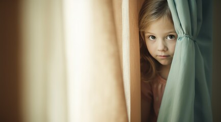 Obraz premium Shy little girl peeking through a curtain. Generative AI