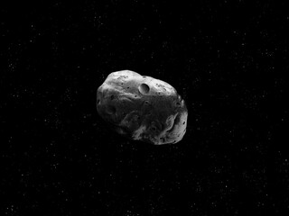 Rocky asteroid in space. Asteroid isolated on a black background. Meteorite with impact craters.