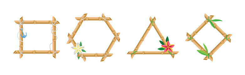 Frames of Corded Bamboo Sticks Decorated with Tropical Plant Vector Set