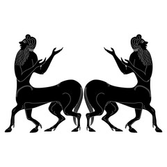 Symmetrical ethnic design with two ancient Greek centaurs. Half men half horses. Vase painting style. Black and white silhouette.