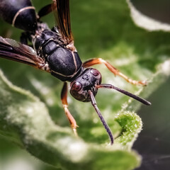 Close up of a Northern Paper Wasp (Polistes fuscatus) with black, red, and yellow markings on a leaf. Long Island, New York, USA