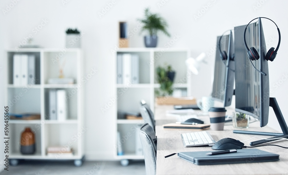 Poster well respond to you as soon as we can. shot of a workspace in a call centre.