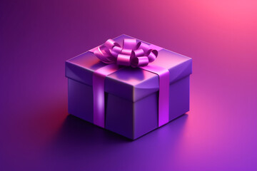 Obraz premium lila Geschenk mit pinker Schleife auf lila Hintergrund. Querformat. Generative Ai.