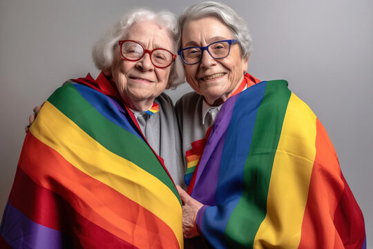 Portrait of an elderly lesbian couple wearing glasses, embracing each other and covered by a gay pride flag. White background