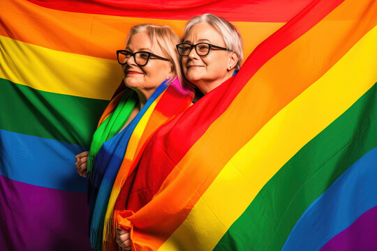 Elderly lesbian couple wearing glasses, both members of the LGBTQ+ community, covered with the gay pride flag, captured in a studio photograph against a white background