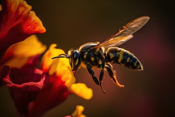 Close up of a Bee Flying to a Red Flower, Macro Photography. Generative AI