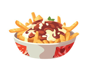 French fries with burger meat, and tomato meal