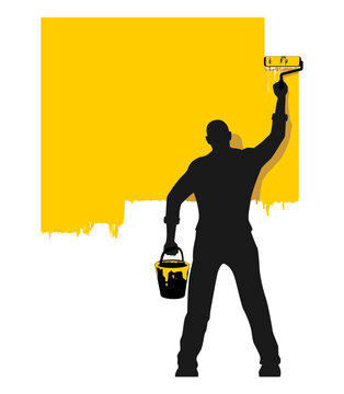 Painter man painting wall with roller brush. Vector template for you text on transparent background