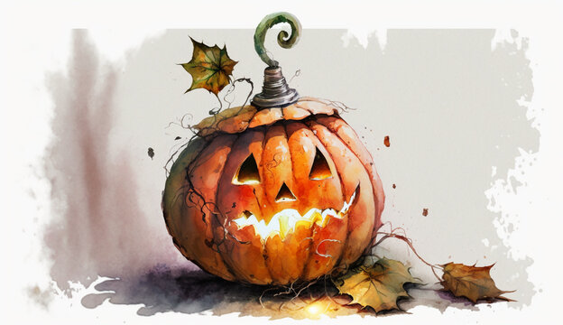 Aquarell painting of Jack the Lantern pumpkin.