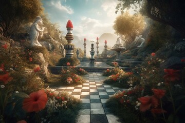 Illustration of a labyrinthine garden with chess, a golden flamingo, red-flowered trees, and clouds above. Alice in Wonderland theme. Generative AI - obrazy, fototapety, plakaty