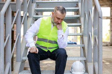Obraz na płótnie Canvas Depressed foreman sitting outdoors on stairs and feeling tired after overwork. Upset caucasian worker in reflective vest and hardhat being fired for work mistake.
