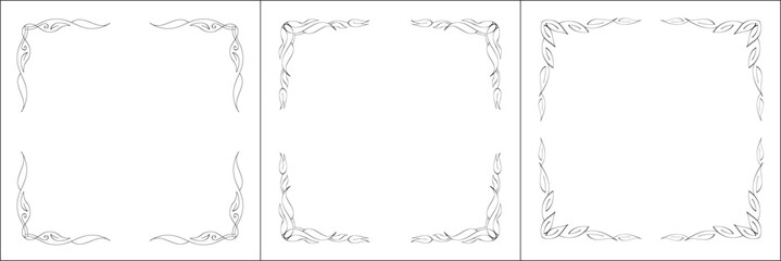 Set of three vector frames. Elegant black and white monochrome ornamental border for greeting cards, banners, invitations. Vector frame for all sizes and formats. Isolated vector illustration.