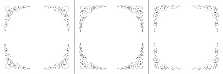 Set of three vector frames. Elegant black and white monochrome ornamental border for greeting cards, banners, invitations. Vector frame for all sizes and formats. Isolated vector illustration.
