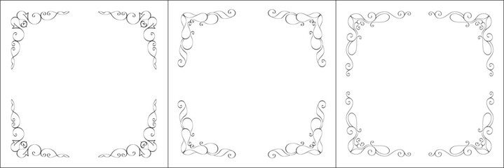 Set of three vector frames. Elegant black and white monochrome ornamental border for greeting cards, banners, invitations. Vector frame for all sizes and formats. Isolated vector illustration.